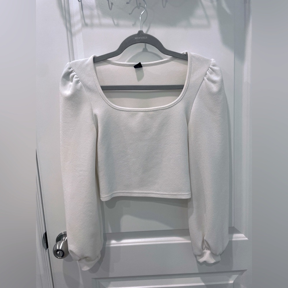 White Crop Top with Puff Long Sleeves